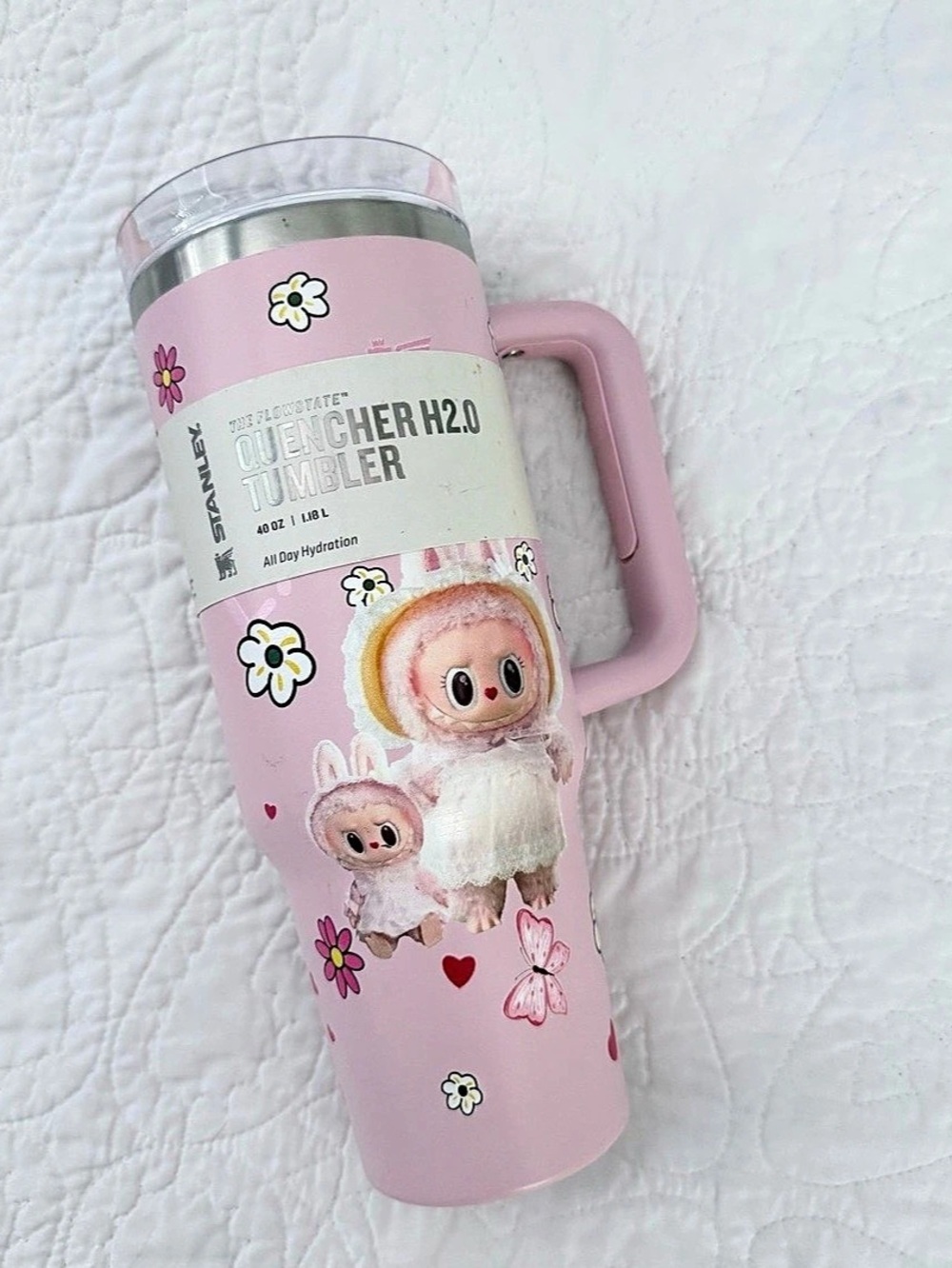 Labubu x Stanley Quencher H2.0 FlowState Tumbler Floral Pink Tumbler Like New 40